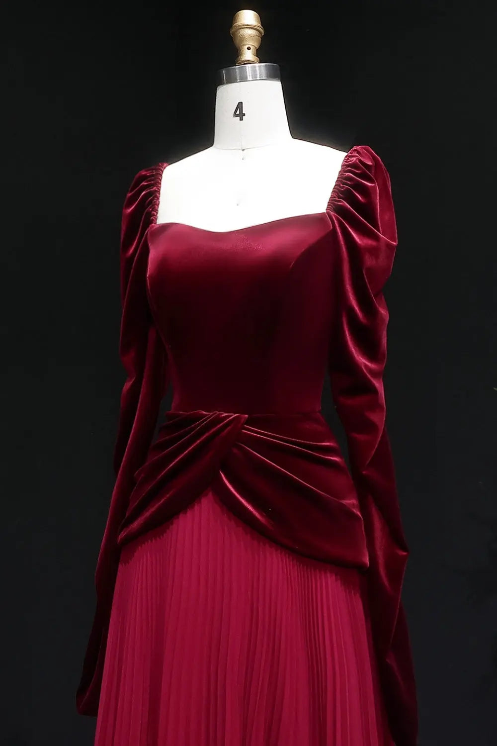 Burgundy Velvet Square Neck Long Puff Sleeve Evening Dress SF259 Sheer Fairy