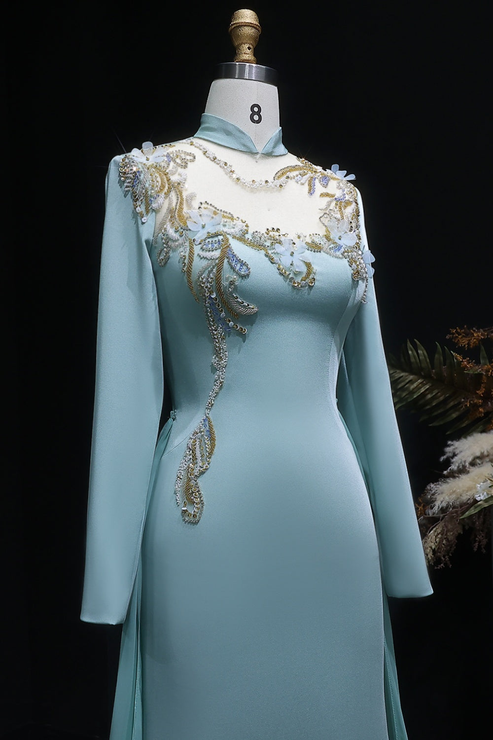 Turquoise Satin Green Evening Dress with Gold Embroidery SF289