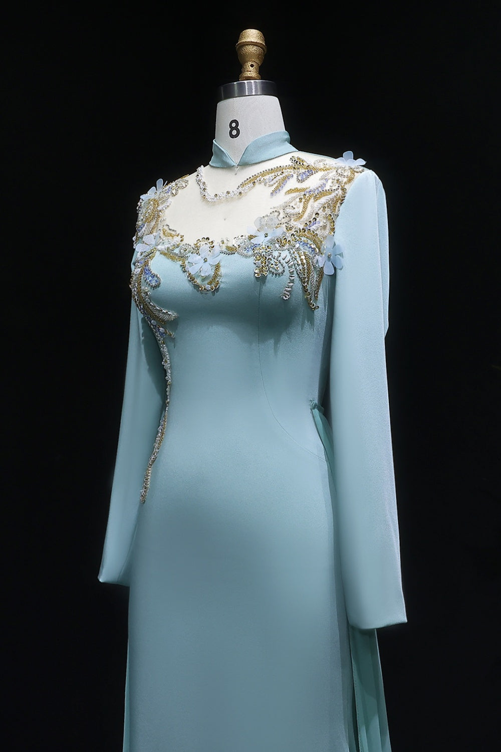 Turquoise Satin Green Evening Dress with Gold Embroidery SF289