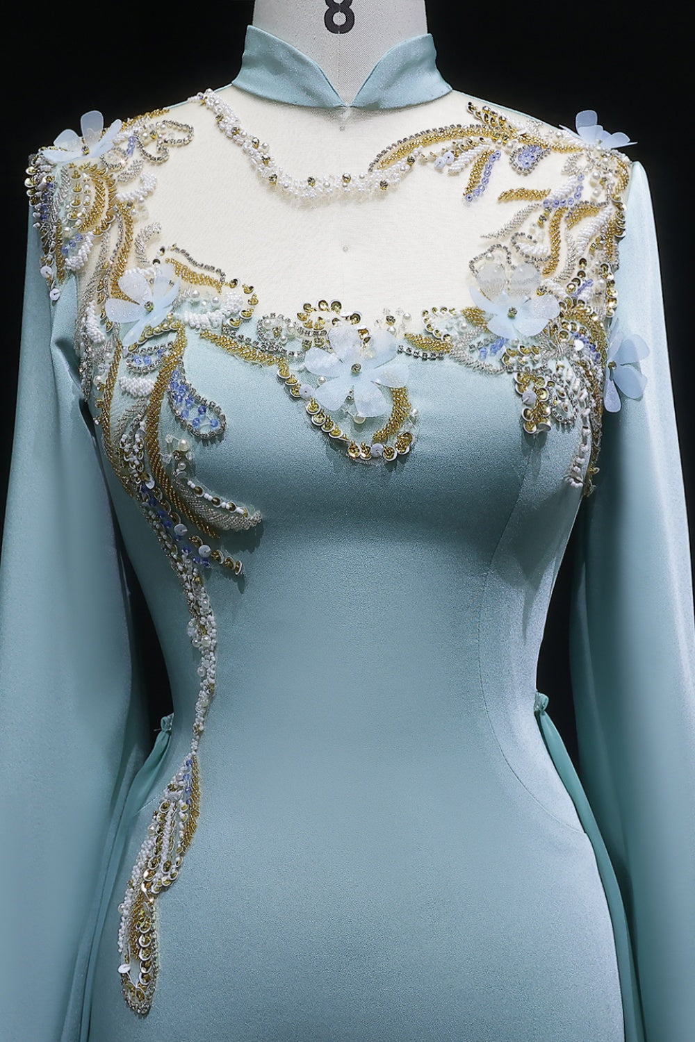 Turquoise Satin Green Evening Dress with Gold Embroidery SF289