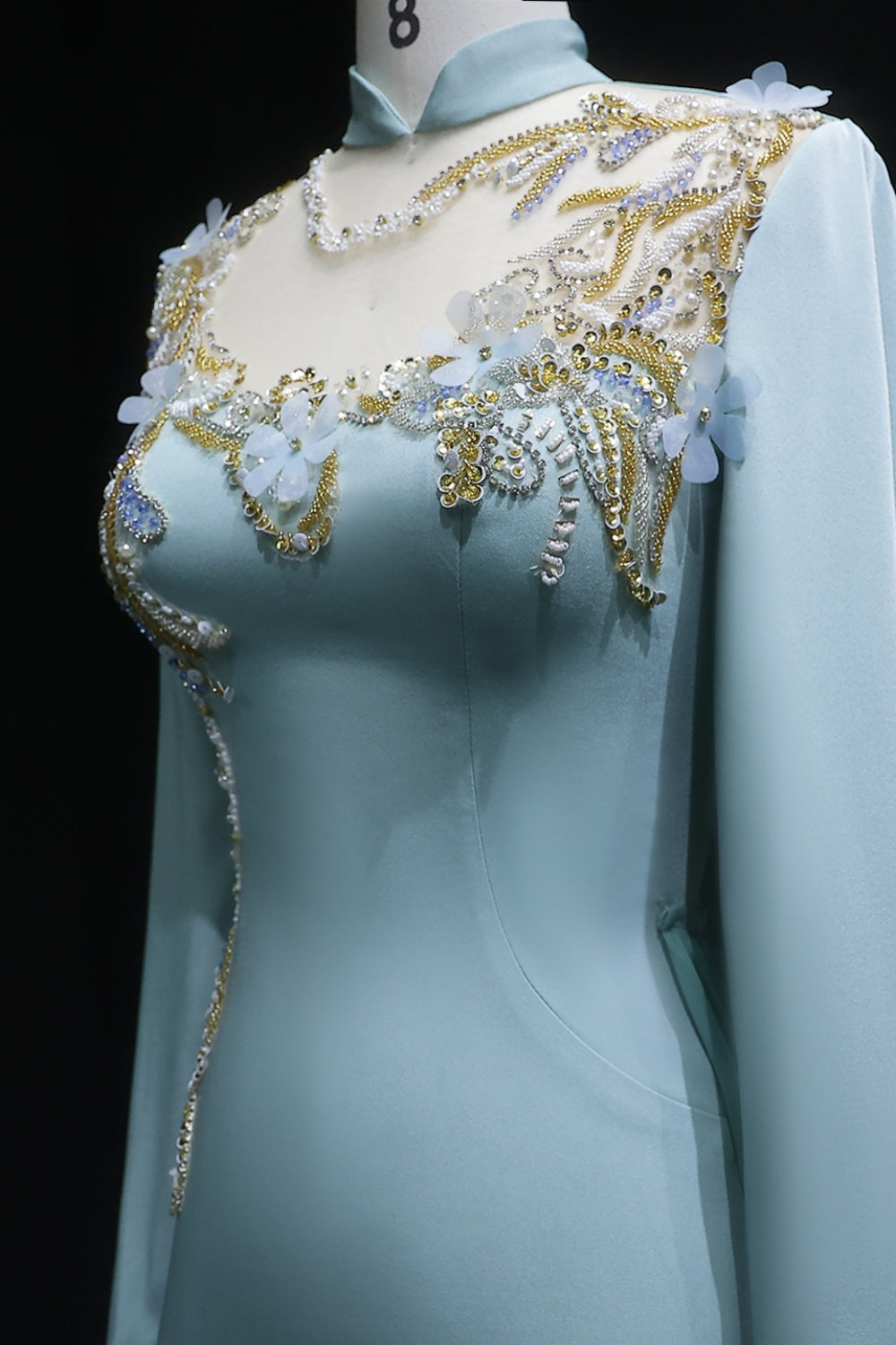 Turquoise Satin Green Evening Dress with Gold Embroidery SF289