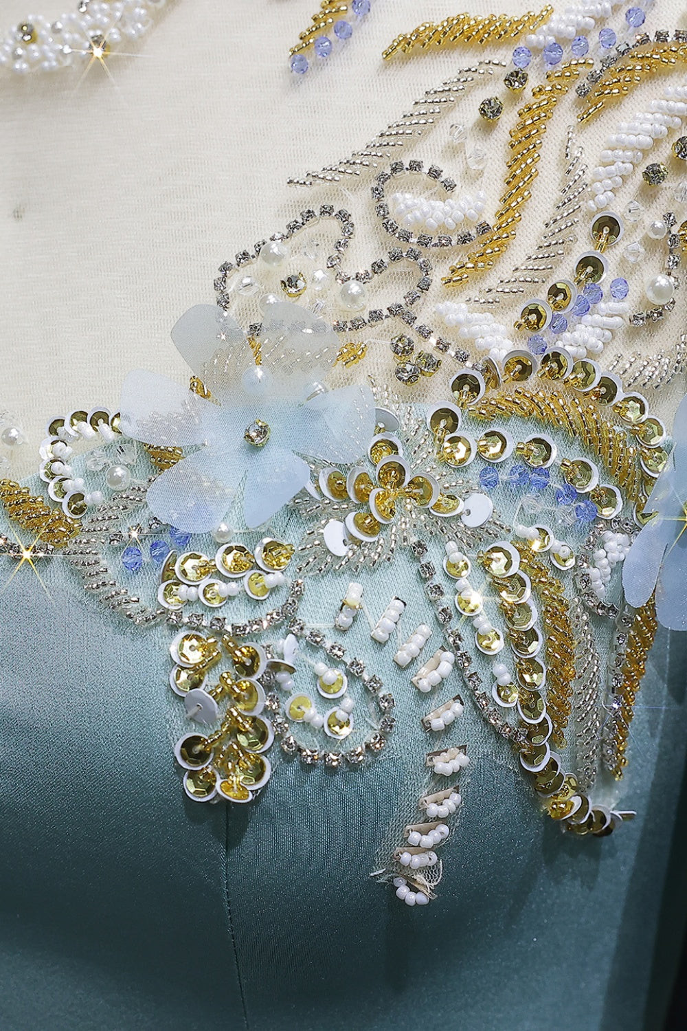 Turquoise Satin Green Evening Dress with Gold Embroidery SF289