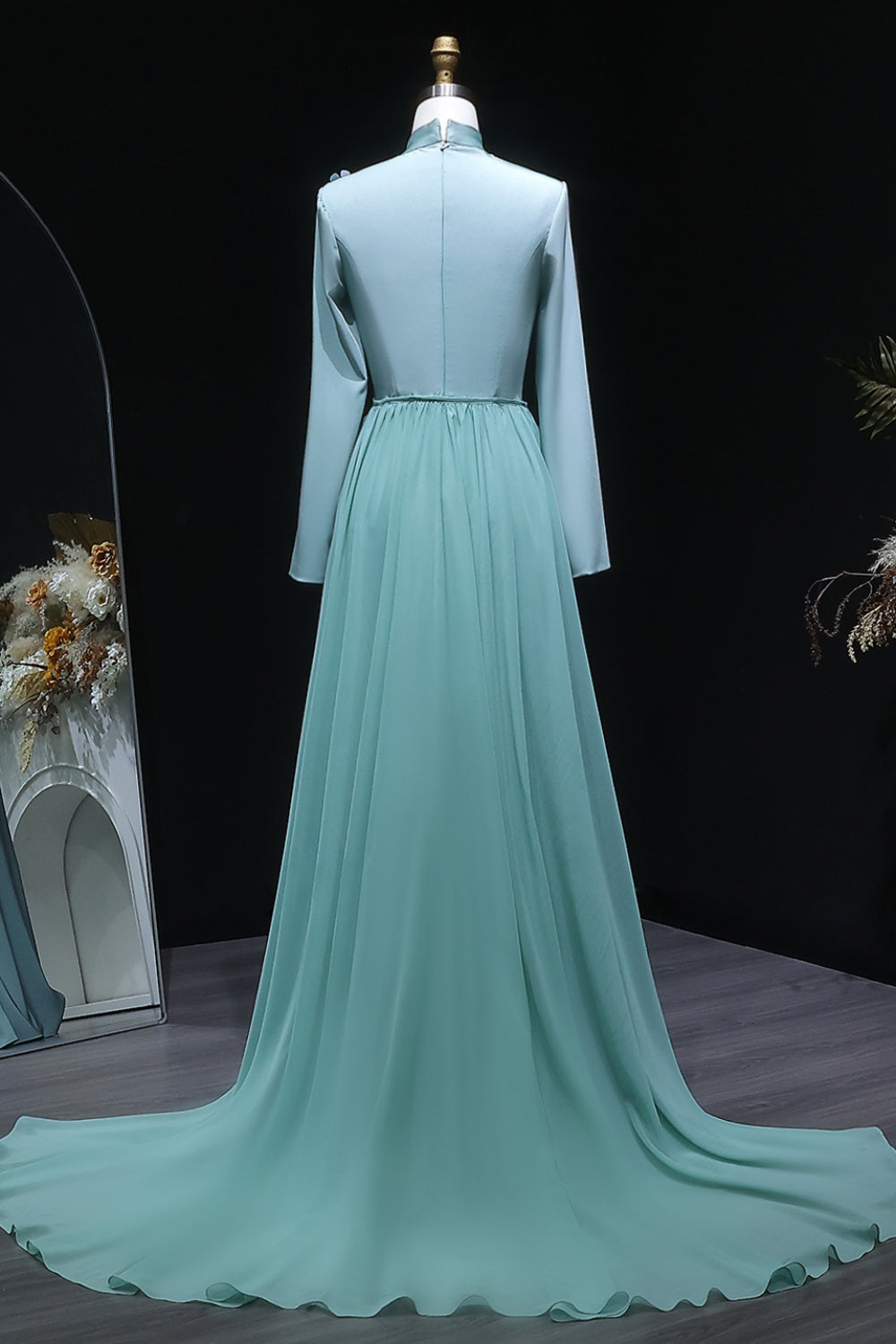 Turquoise Satin Green Evening Dress with Gold Embroidery SF289