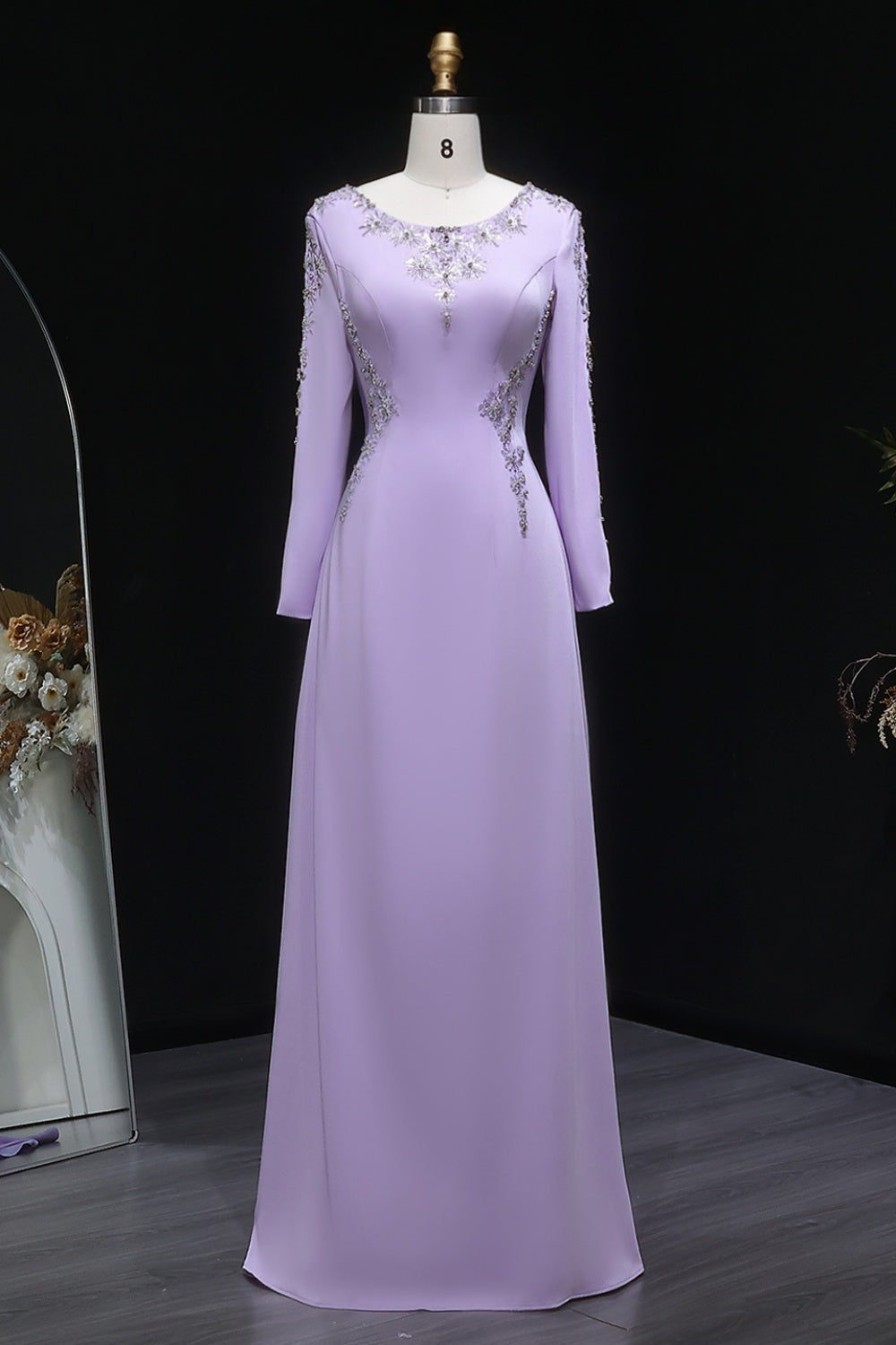 Lavender Chiffon Beaded Long Sleeve Round Neck Evening Dress SF297