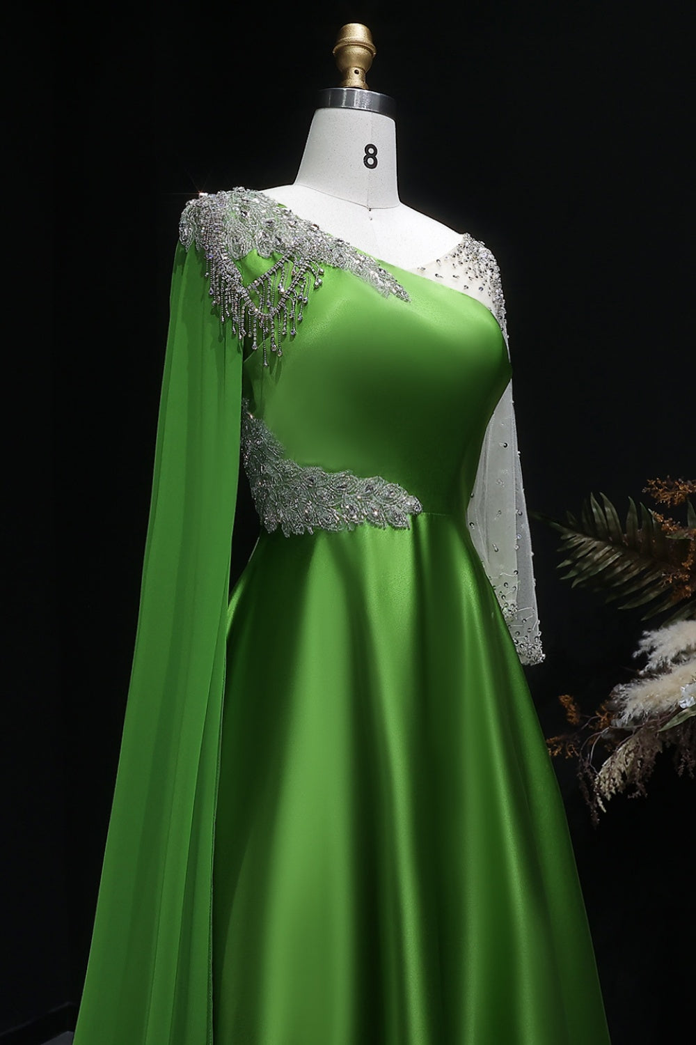Emerald Satin One-Shoulder A-Line Evening Dress with Crystal Fringe Cape SF298