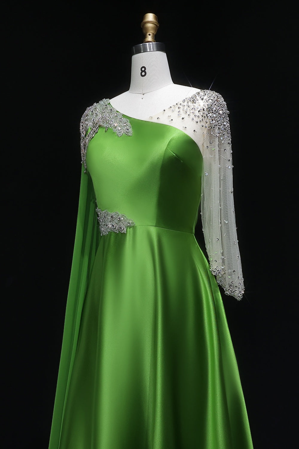 Emerald Satin One-Shoulder A-Line Evening Dress with Crystal Fringe Cape SF298