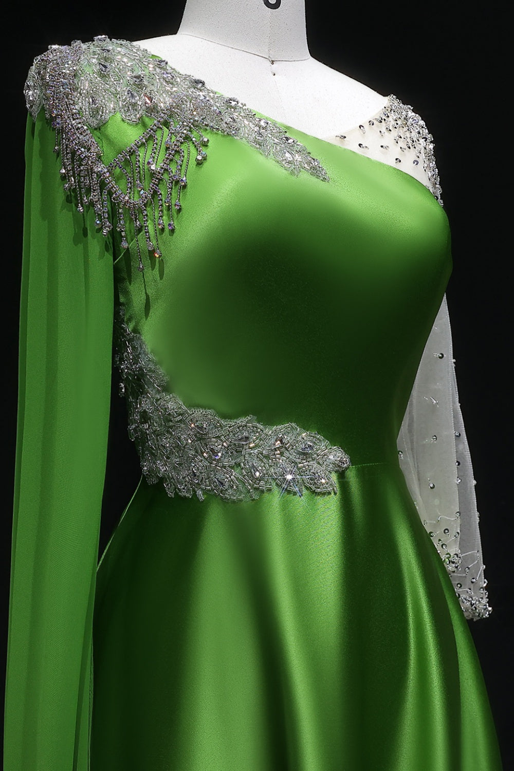 Emerald Satin One-Shoulder A-Line Evening Dress with Crystal Fringe Cape SF298