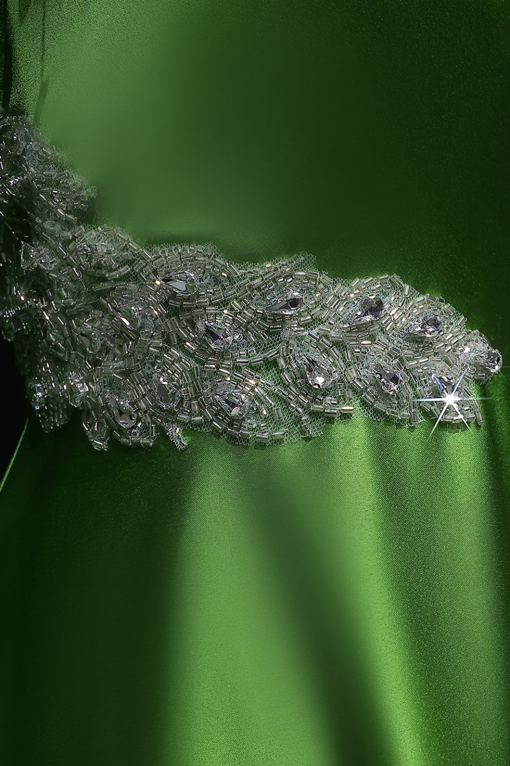 Emerald Satin One-Shoulder A-Line Evening Dress with Crystal Fringe Cape SF298