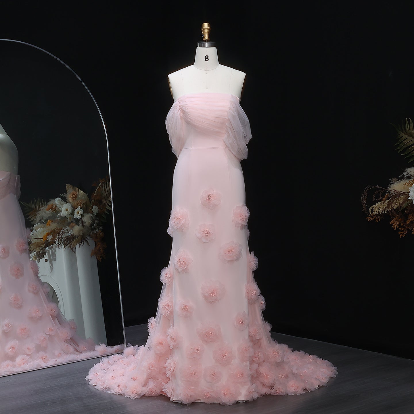 Pink Off-the-Shoulder Mermaid Evening Dress with 3D Flower SS383 Sheer Fairy