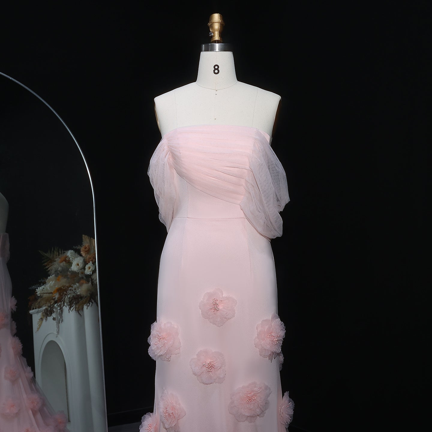 Pink Off-the-Shoulder Mermaid Evening Dress with 3D Flower SS383 Sheer Fairy