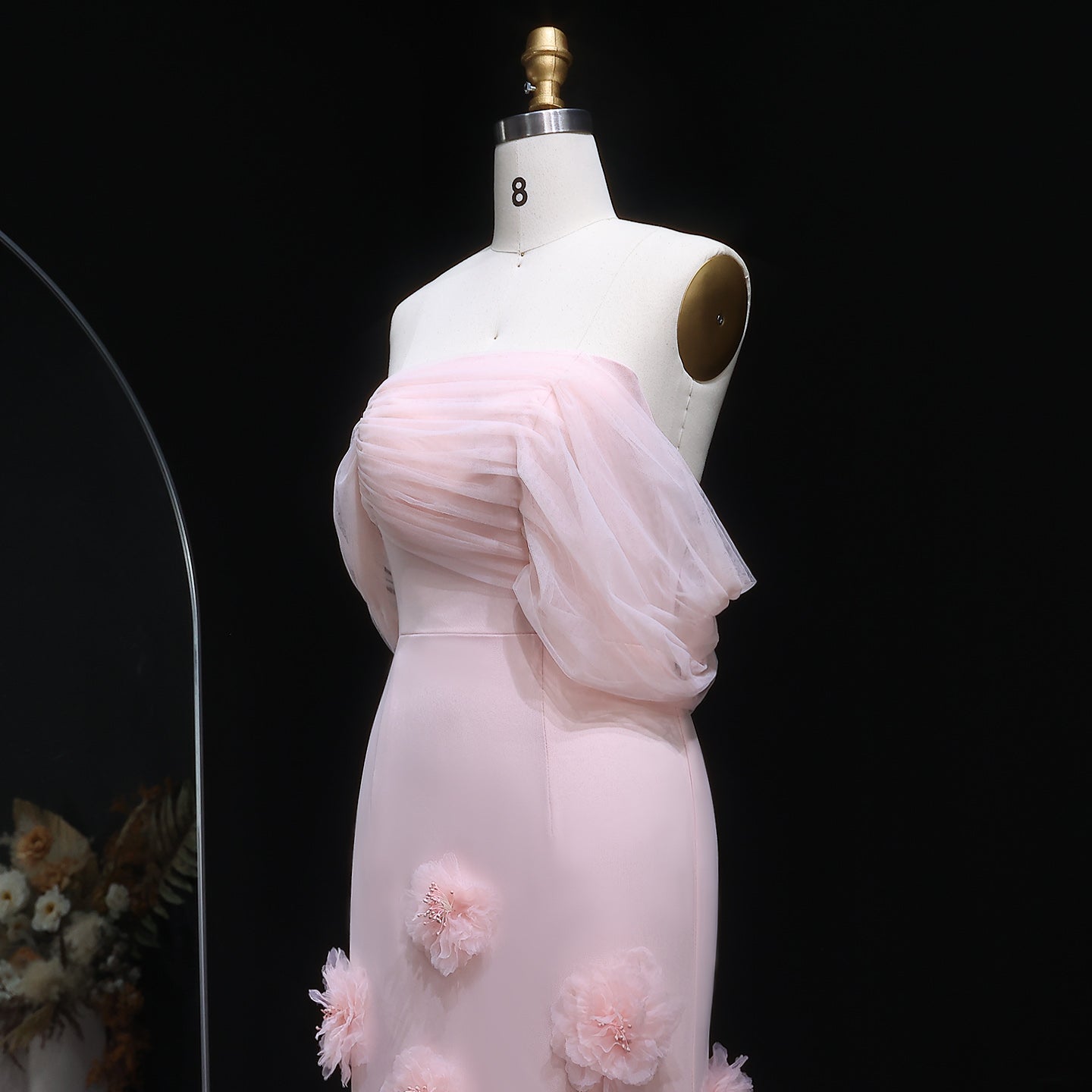 Pink Off-the-Shoulder Mermaid Evening Dress with 3D Flower SS383 Sheer Fairy