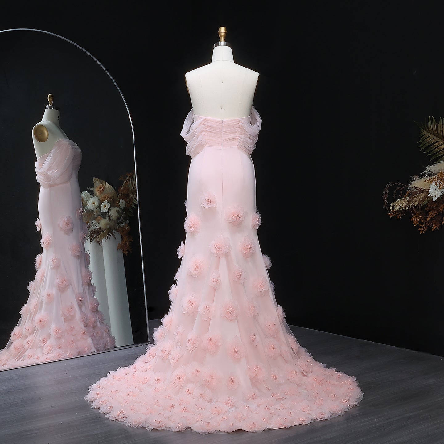 Pink Off-the-Shoulder Mermaid Evening Dress with 3D Flower SS383 Sheer Fairy