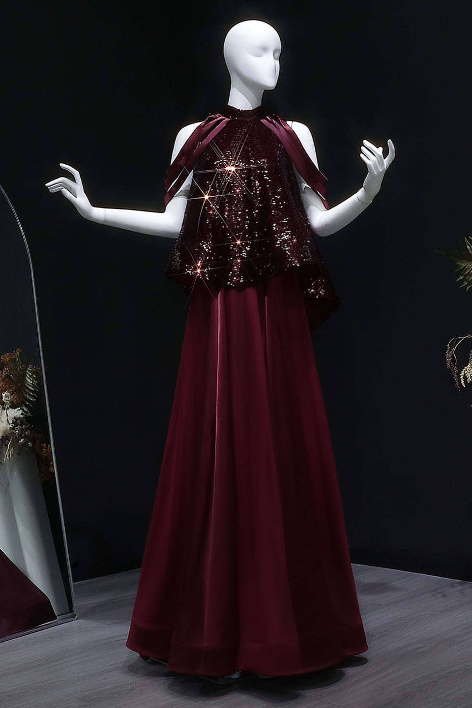 Elegant Burgundy Satin Sequined Cape Evening Dress SF418 Sheer Fairy