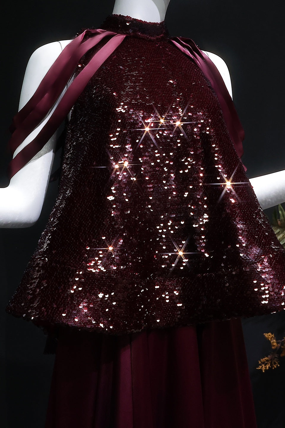 Elegant Burgundy Satin Sequined Cape Evening Dress SF418 Sheer Fairy