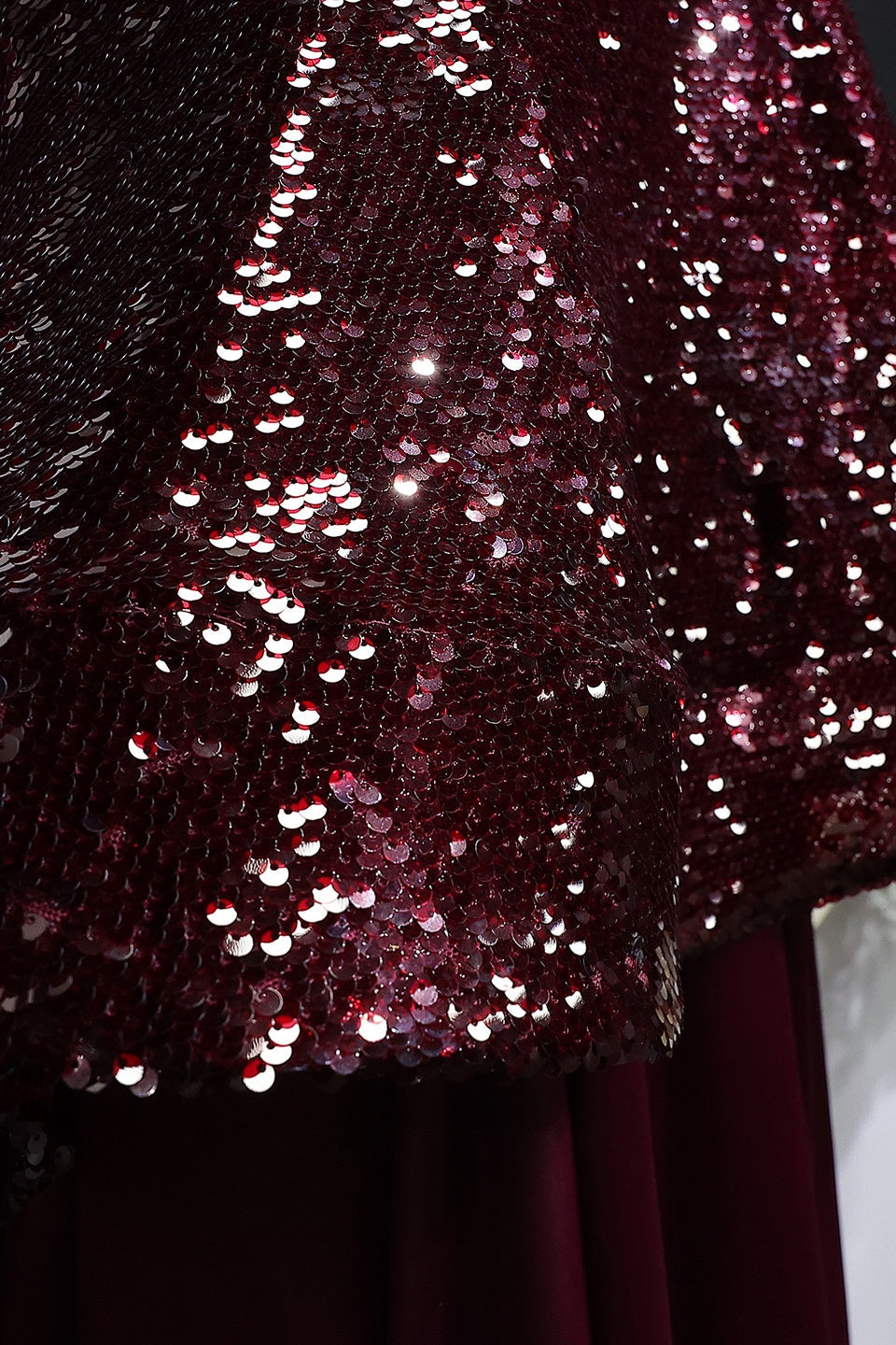 Elegant Burgundy Satin Sequined Cape Evening Dress SF418 Sheer Fairy