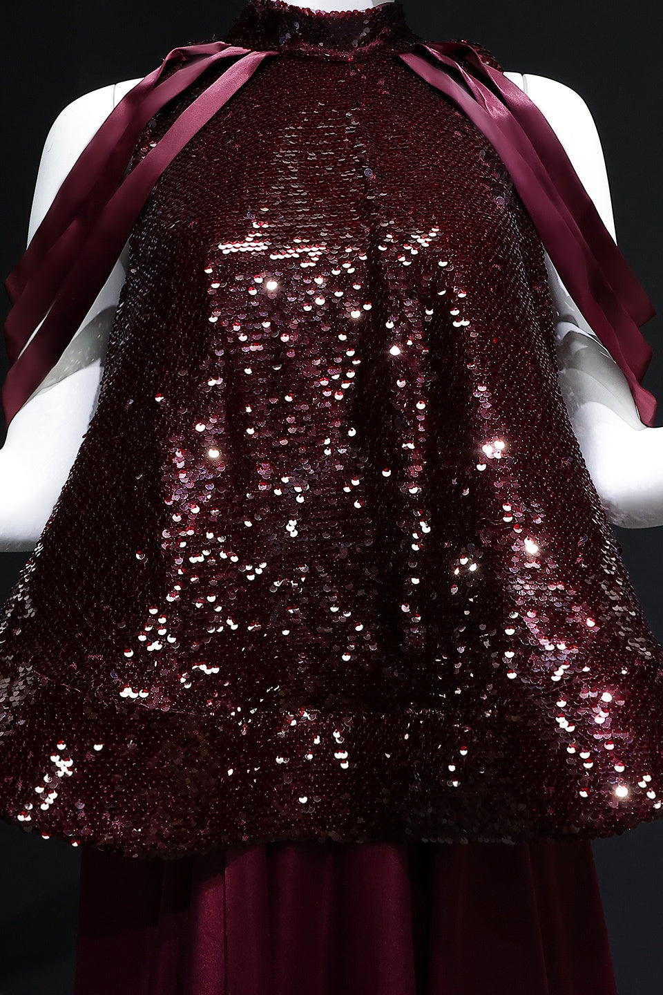 Elegant Burgundy Satin Sequined Cape Evening Dress SF418 Sheer Fairy