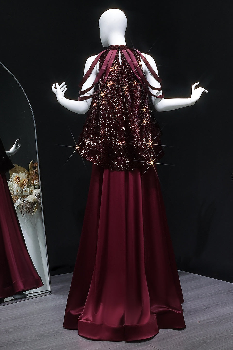 Elegant Burgundy Satin Sequined Cape Evening Dress SF418 Sheer Fairy