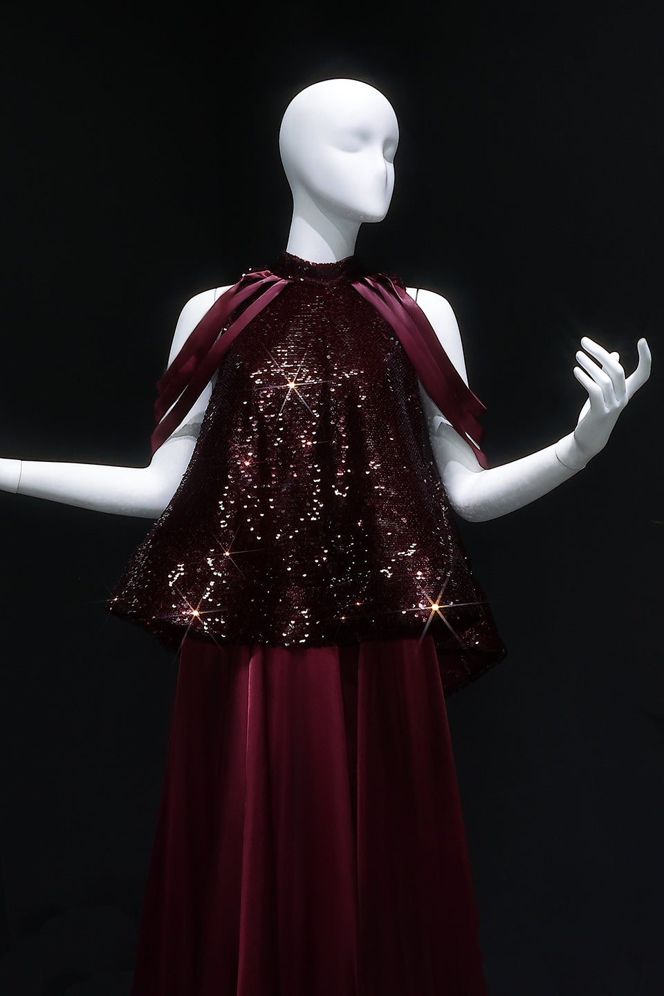 Elegant Burgundy Satin Sequined Cape Evening Dress SF418 Sheer Fairy