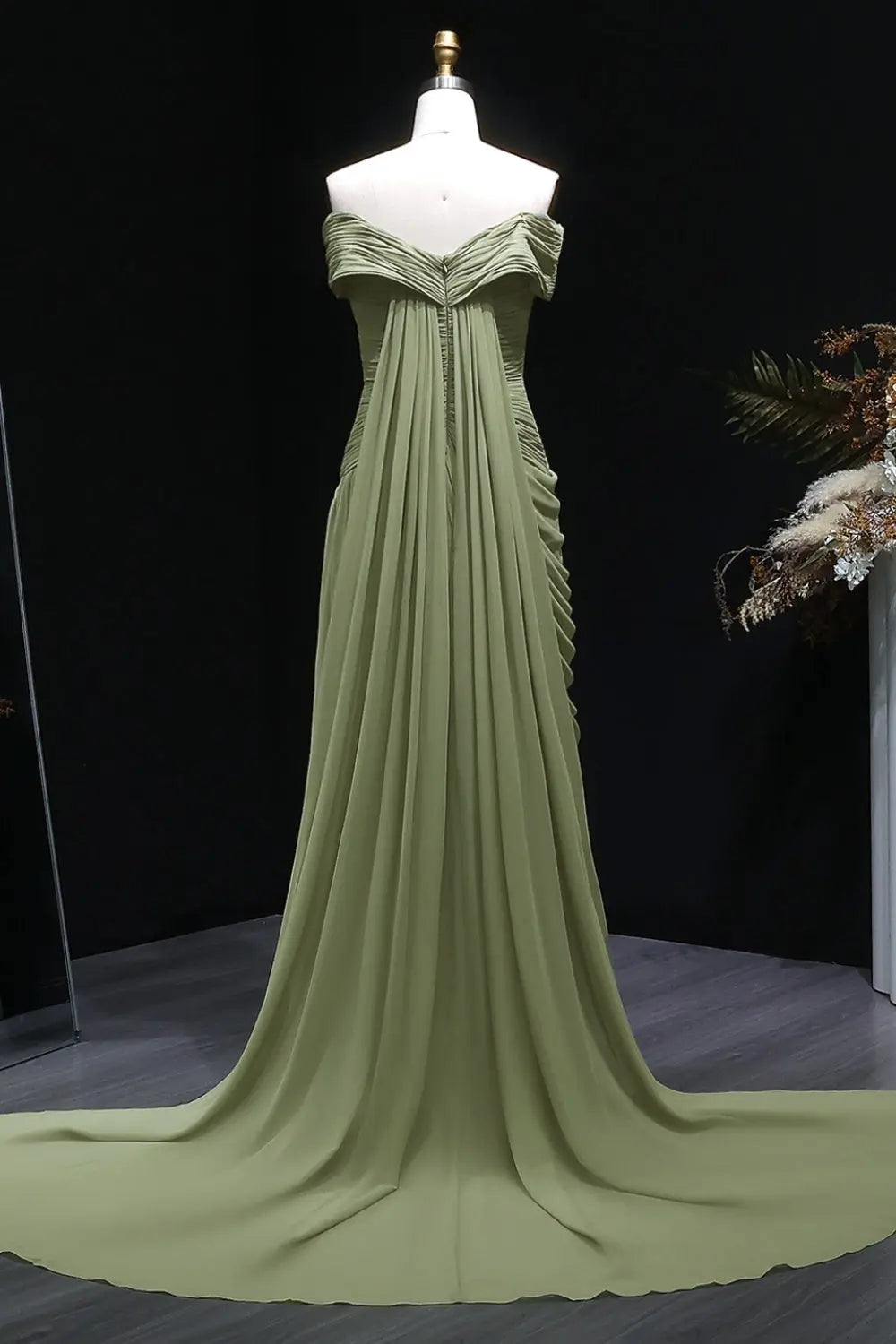 Minima Sage Green Chiffon Off-the-Shoulder Evening Dress SF423 Sheer Fairy