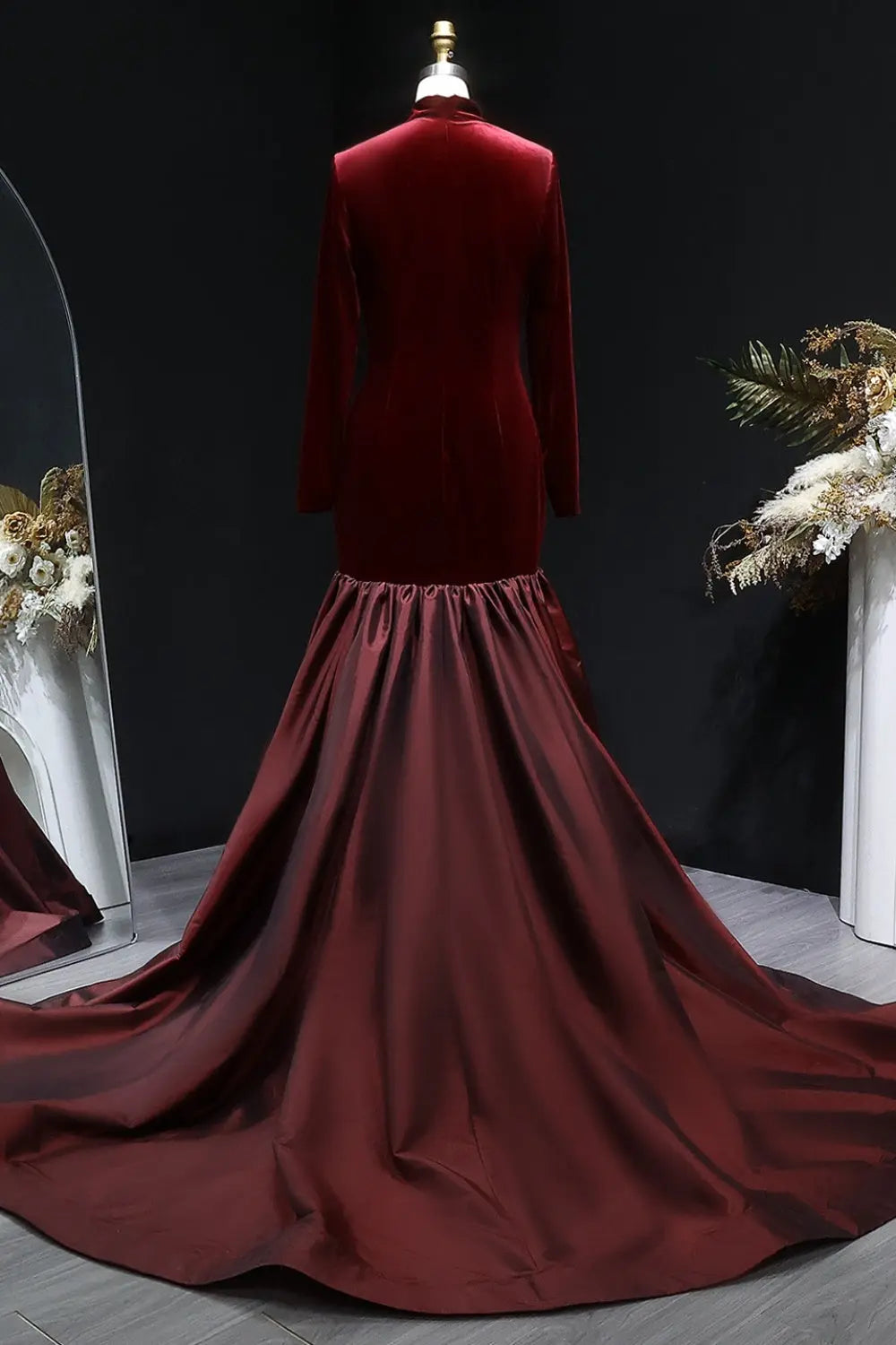 Burgundy Velvet Long Sleeve High Neck Ballgown Evening Dress SF441 SHEER FAIRY Burgundy Velvet Long Sleeve High Neck Ballgown Evening Dress SF441 SHEER FAIRY