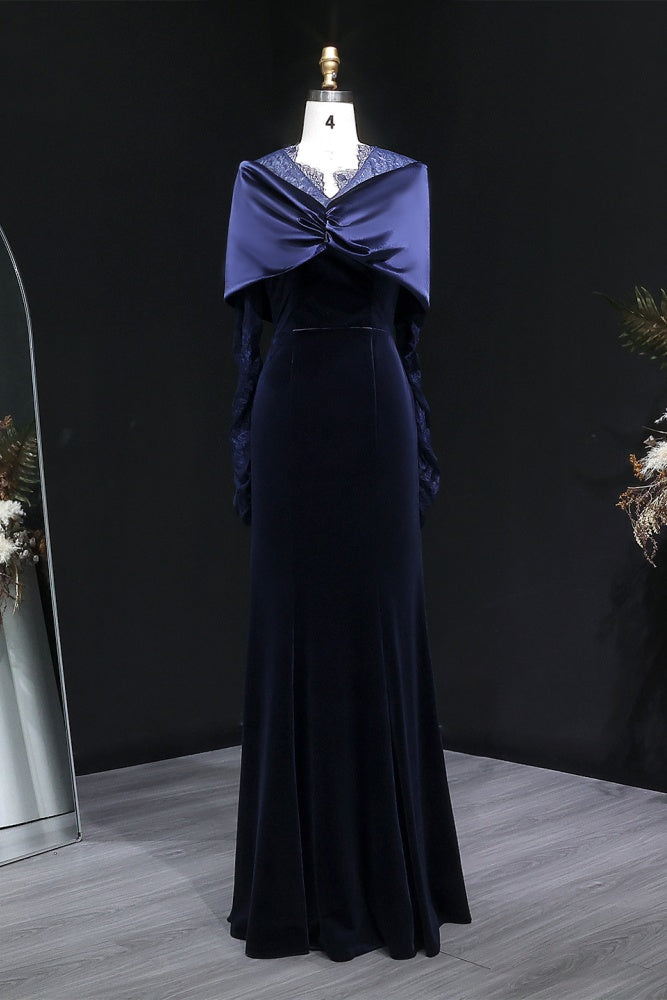 Navy Velvet Evening Dress with Lace Sleeves & Contrast Cape SF443 Sheer Fairy