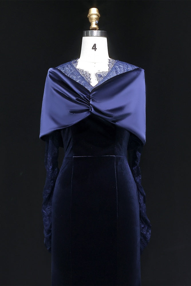 Navy Velvet Evening Dress with Lace Sleeves & Contrast Cape SF443 Sheer Fairy
