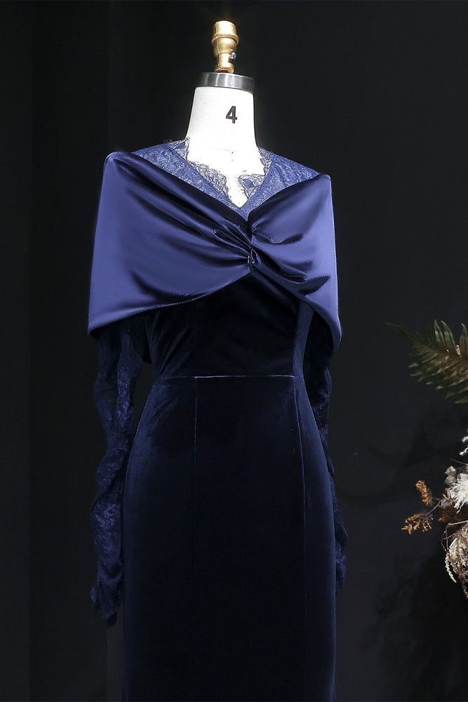Navy Velvet Evening Dress with Lace Sleeves & Contrast Cape SF443 Sheer Fairy