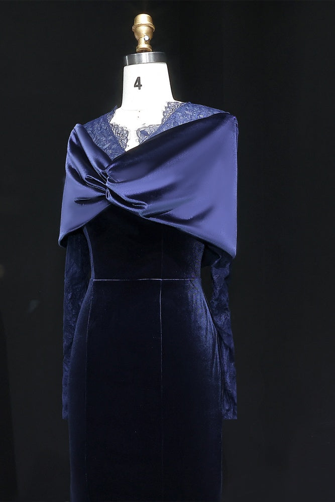 Navy Velvet Evening Dress with Lace Sleeves & Contrast Cape SF443 Sheer Fairy
