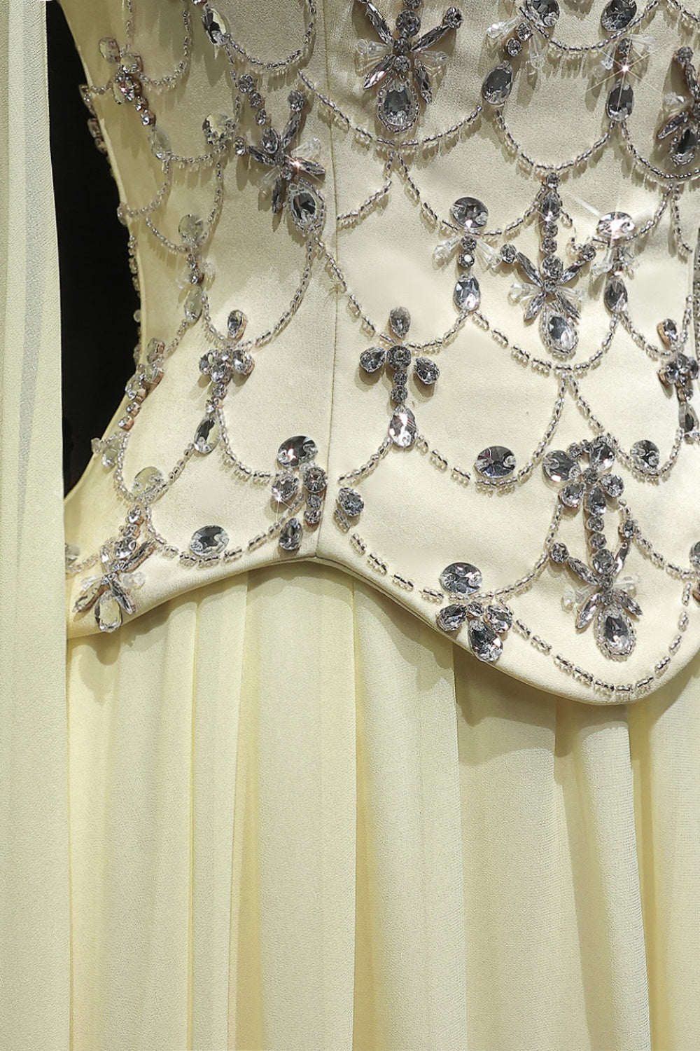 Pale Yellow Chiffon A-Line Evening Dress with Attached Capelet Sleeves SF449 Sheer Fairy