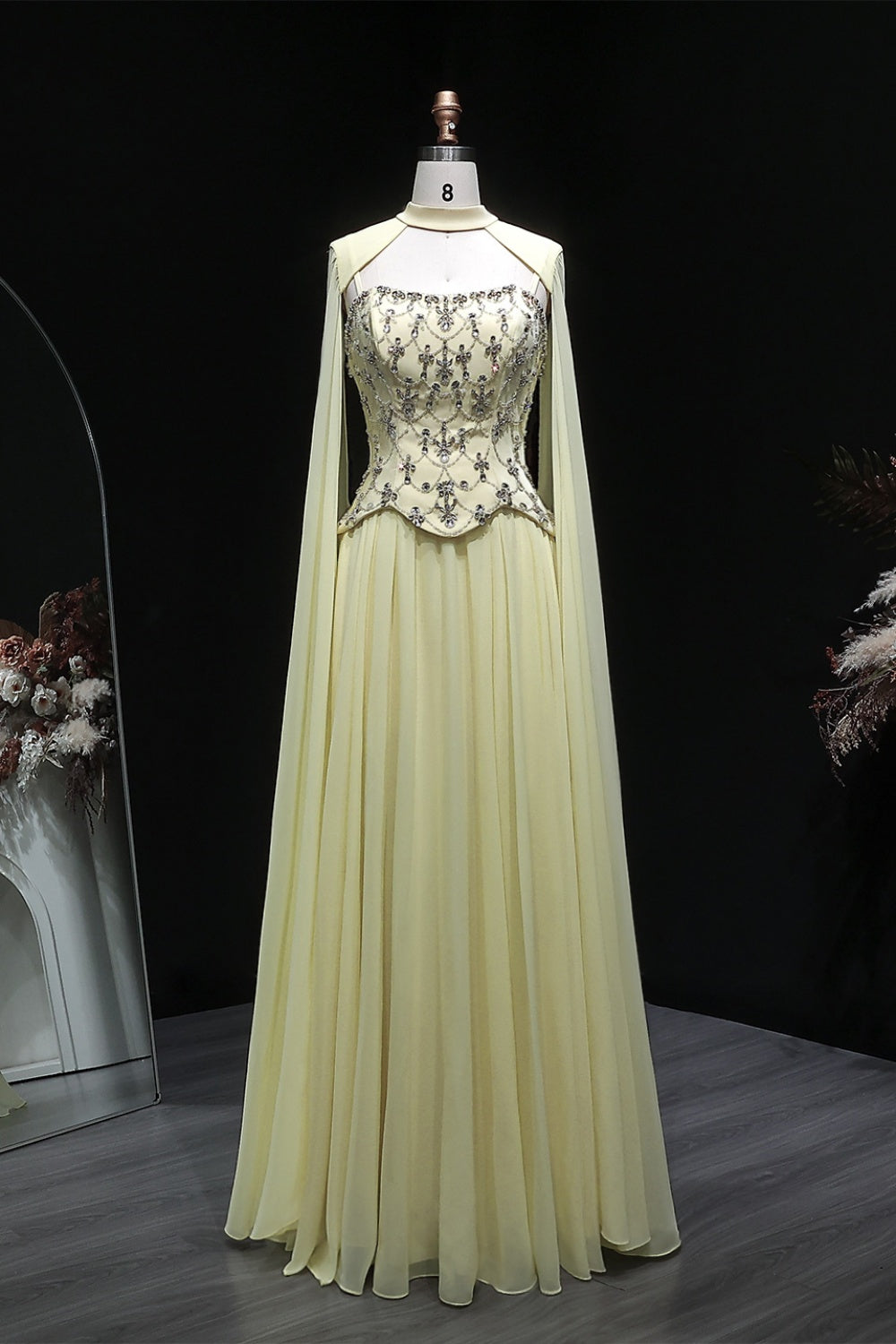 Pale Yellow Chiffon A-Line Evening Dress with Attached Capelet Sleeves SF449 Sheer Fairy