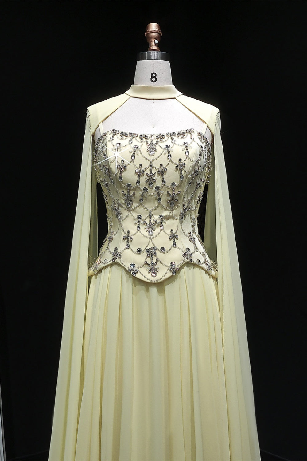 Pale Yellow Chiffon A-Line Evening Dress with Attached Capelet Sleeves SF449 Sheer Fairy