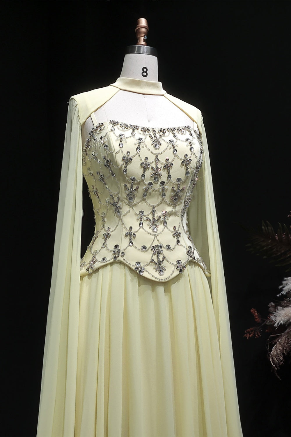Pale Yellow Chiffon A-Line Evening Dress with Attached Capelet Sleeves SF449 Sheer Fairy