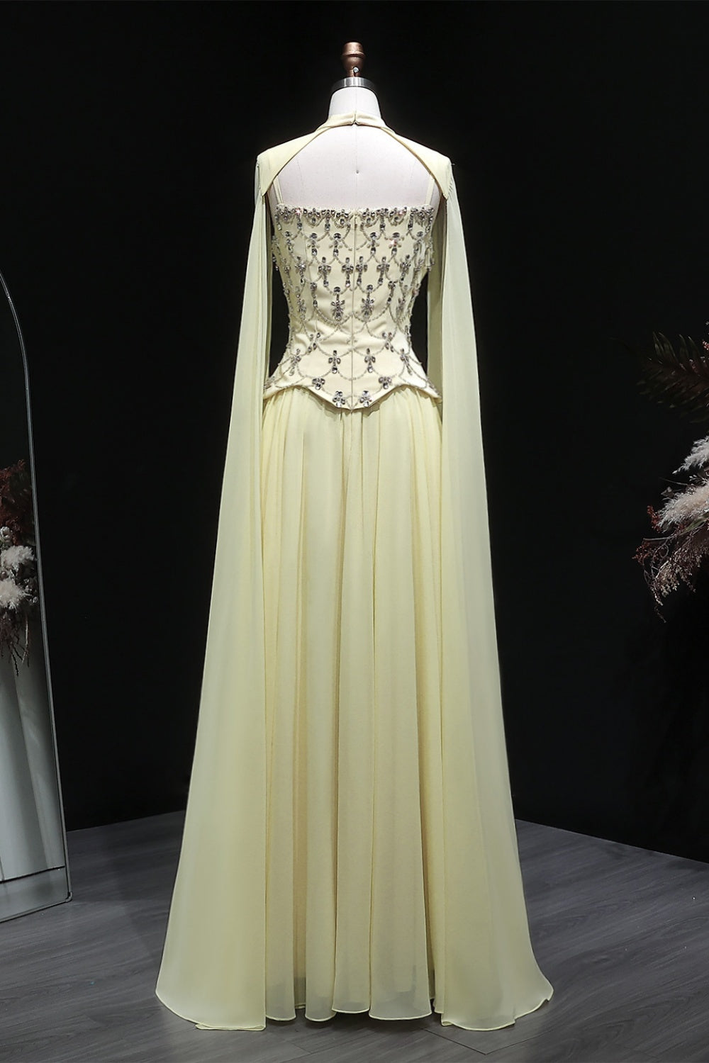 Pale Yellow Chiffon A-Line Evening Dress with Attached Capelet Sleeves SF449 Sheer Fairy