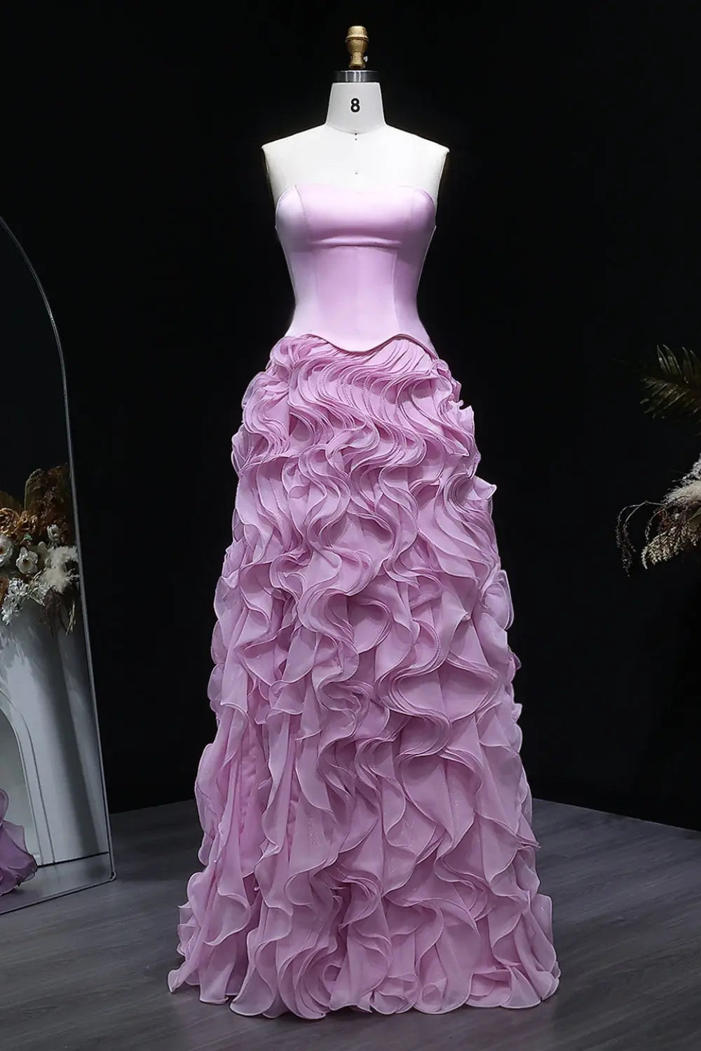 Ruffled Chiffon Pink Strapless A-Line Evening Dress SF452 Sheer Fairy