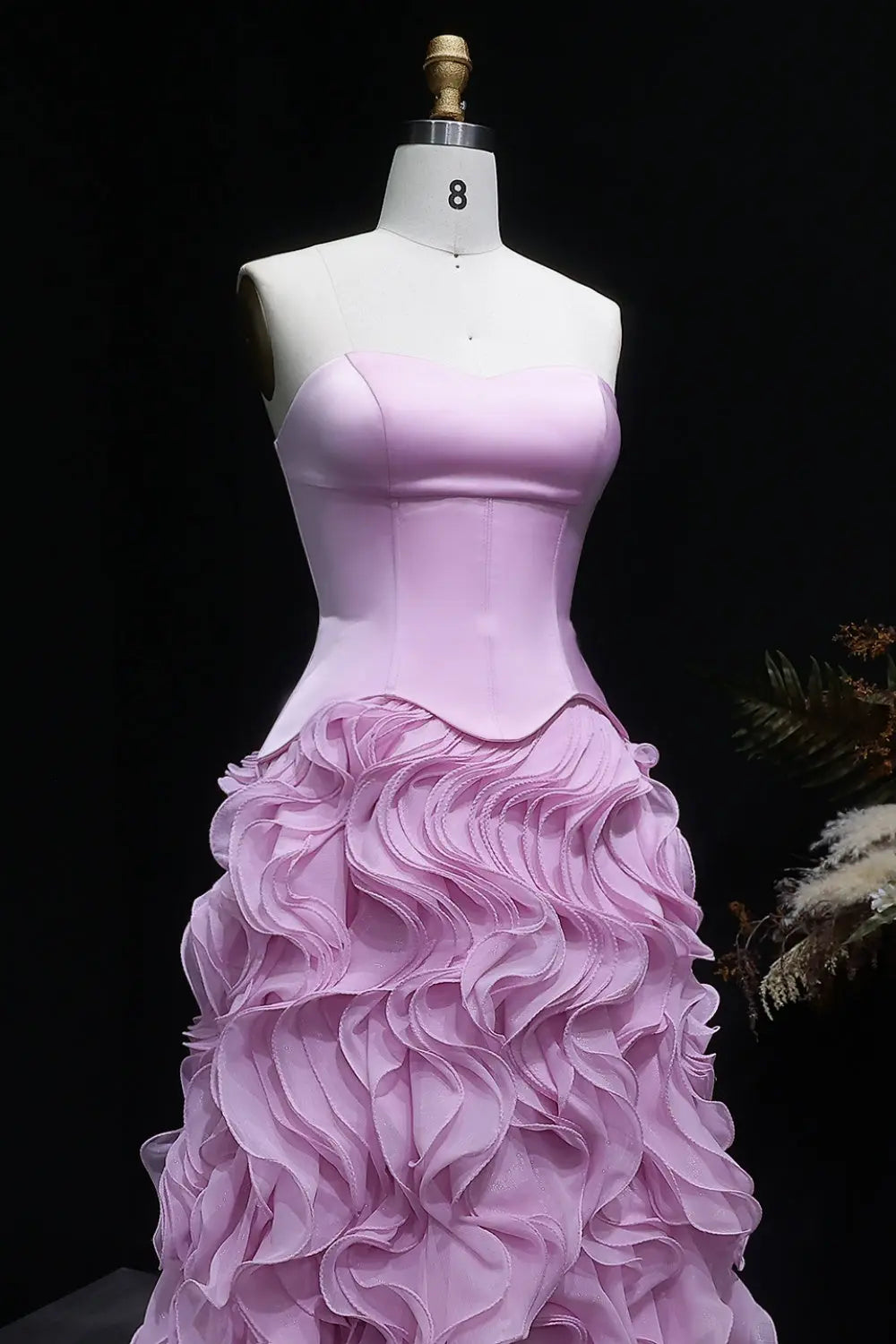 Ruffled Chiffon Pink Strapless A-Line Evening Dress SF452 Sheer Fairy