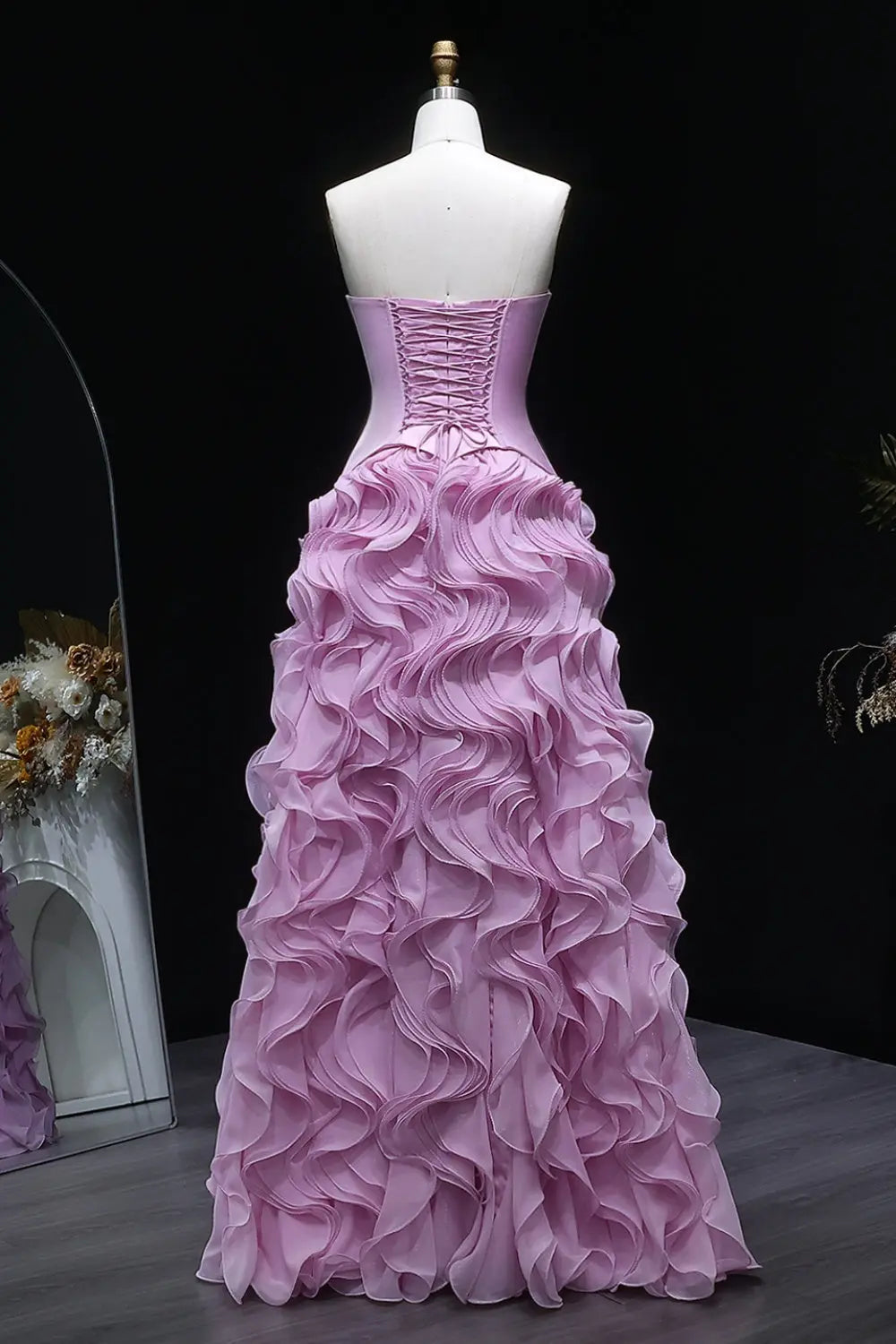 Ruffled Chiffon Pink Strapless A-Line Evening Dress SF452 Sheer Fairy