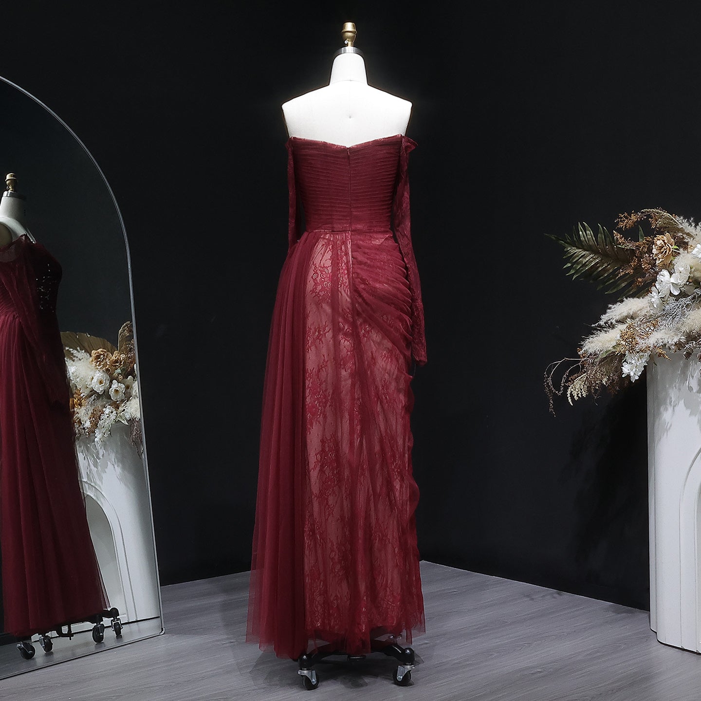 Burgundy Off-the-Shoulder Lace Beaded Evening Dress with Long Sheer Sleeves SF456 Sheer Fairy
