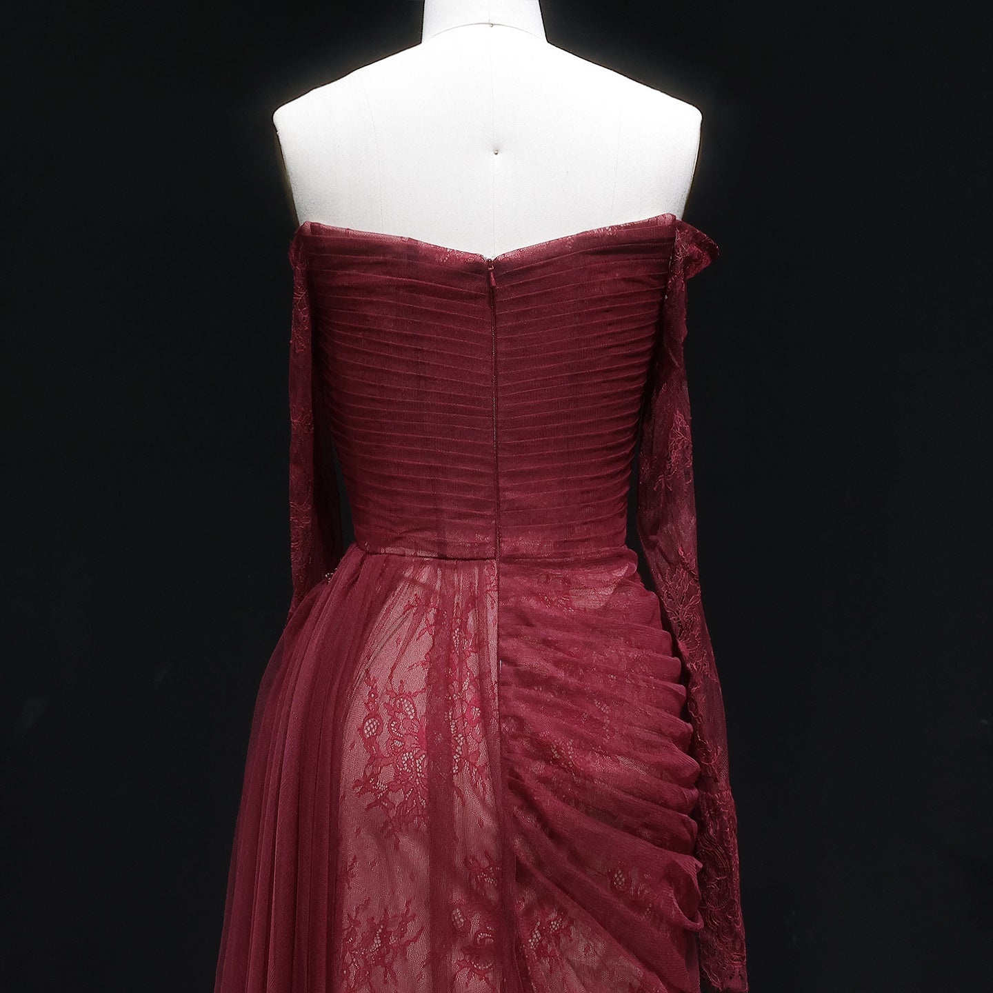 Burgundy Off-the-Shoulder Lace Beaded Evening Dress with Long Sheer Sleeves SF456 Sheer Fairy