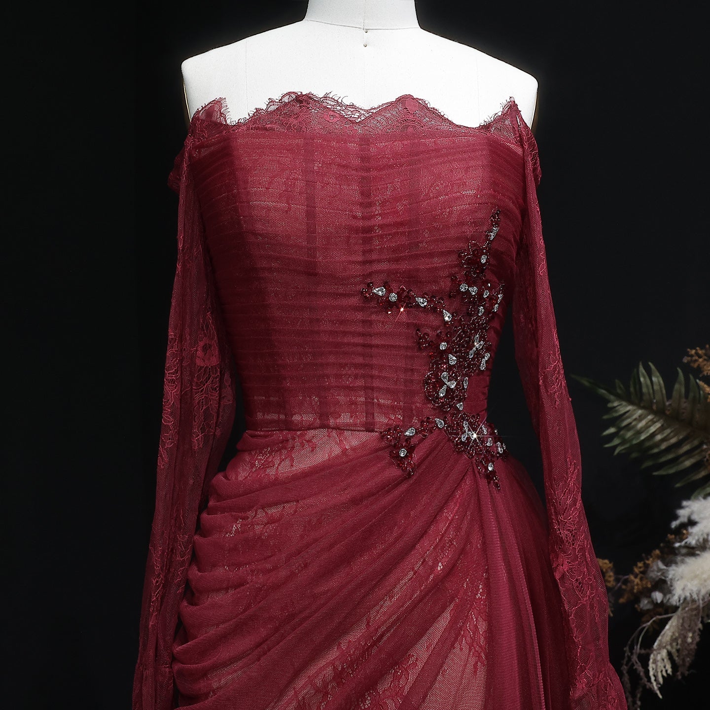 Burgundy Off-the-Shoulder Lace Beaded Evening Dress with Long Sheer Sleeves SF456 Sheer Fairy