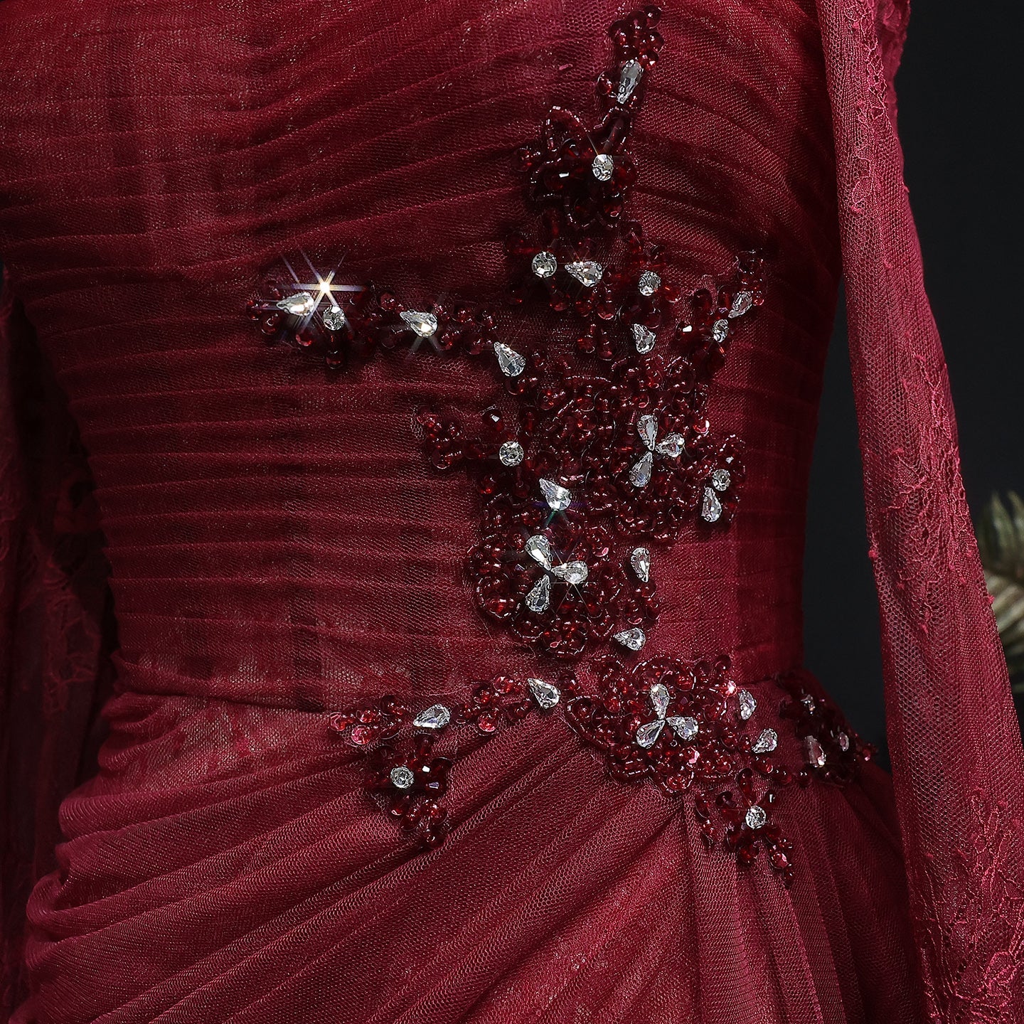 Burgundy Off-the-Shoulder Lace Beaded Evening Dress with Long Sheer Sleeves SF456 Sheer Fairy