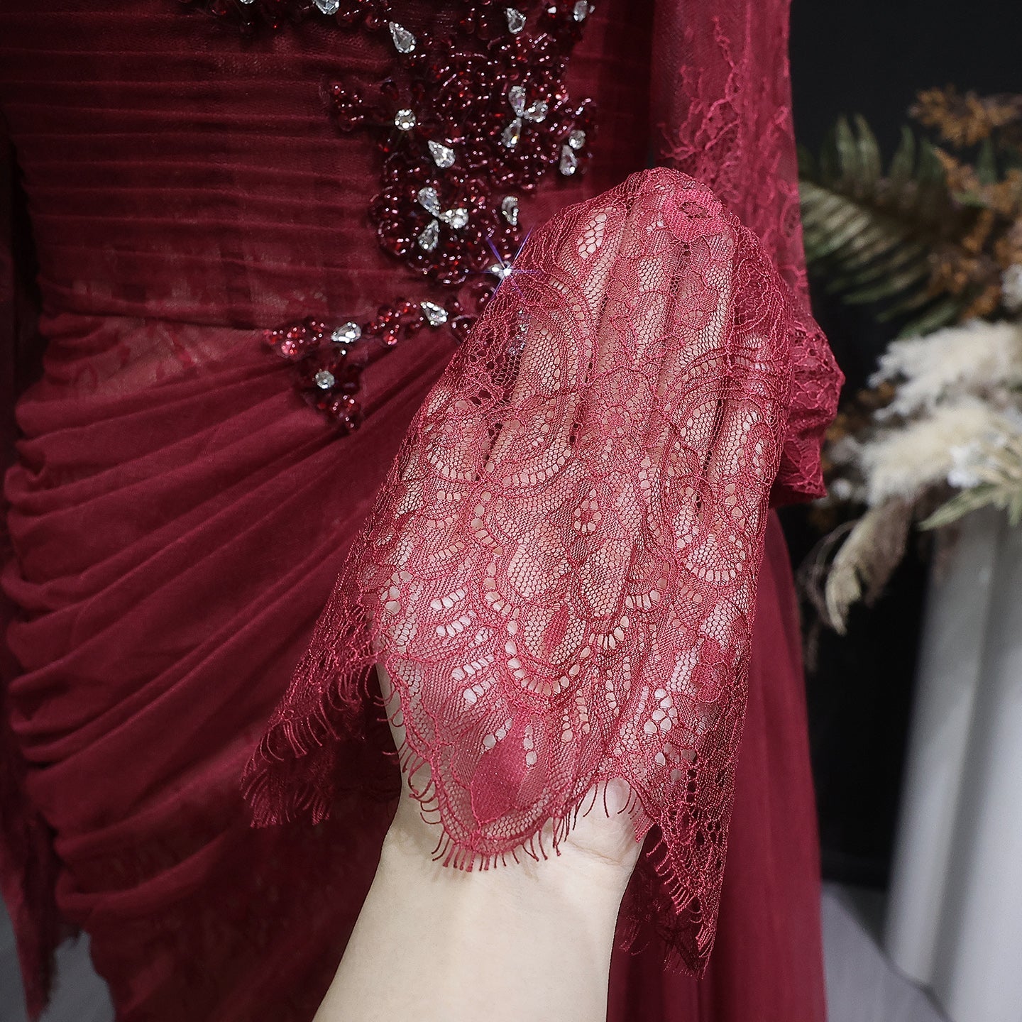 Burgundy Off-the-Shoulder Lace Beaded Evening Dress with Long Sheer Sleeves SF456 Sheer Fairy