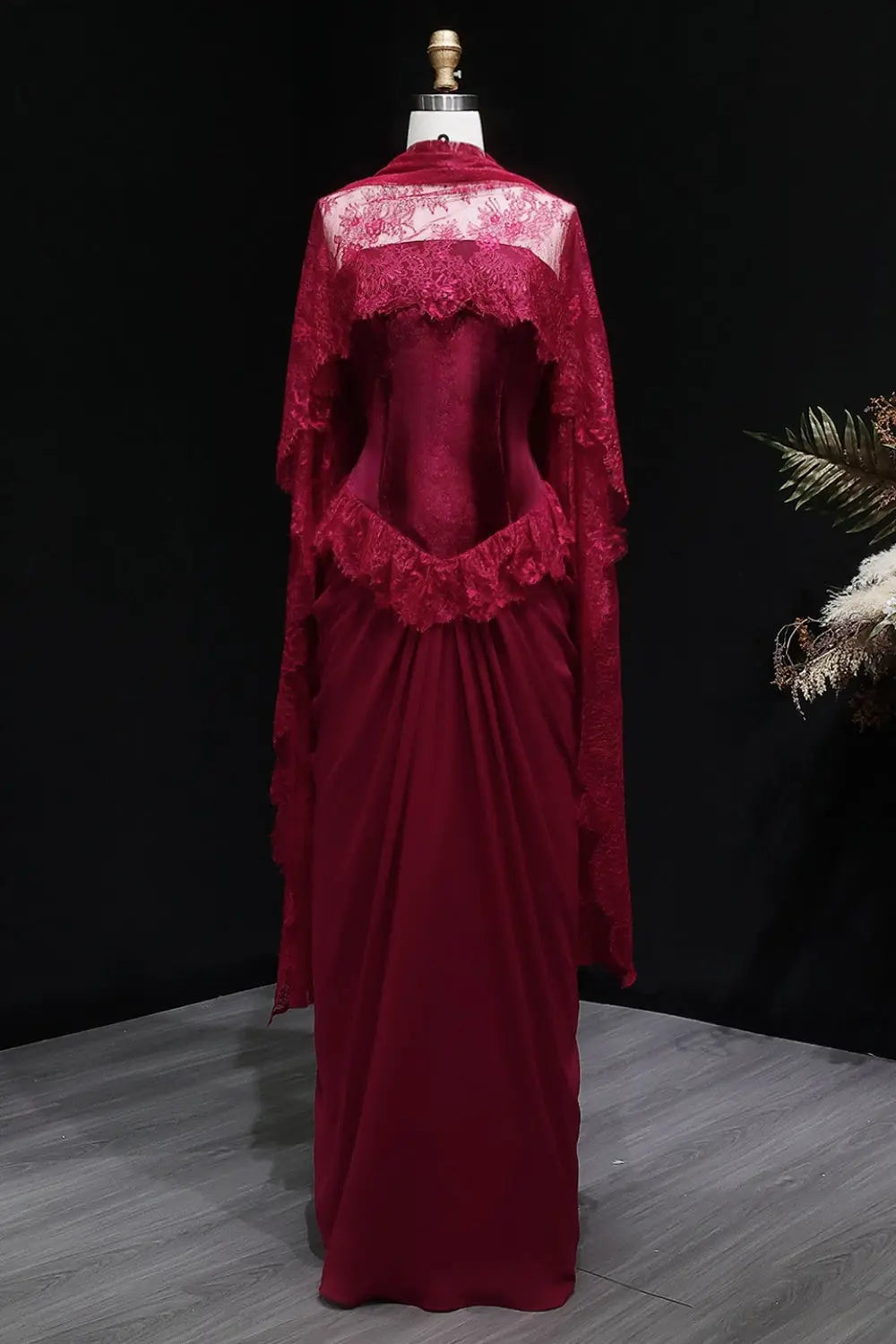 Burgundy Lace Sheath High Neck Long Sleeve Evening Dress SF462 Sheer Fairy