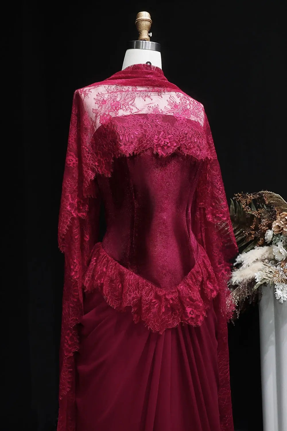 Burgundy Lace Sheath High Neck Long Sleeve Evening Dress SF462 Sheer Fairy