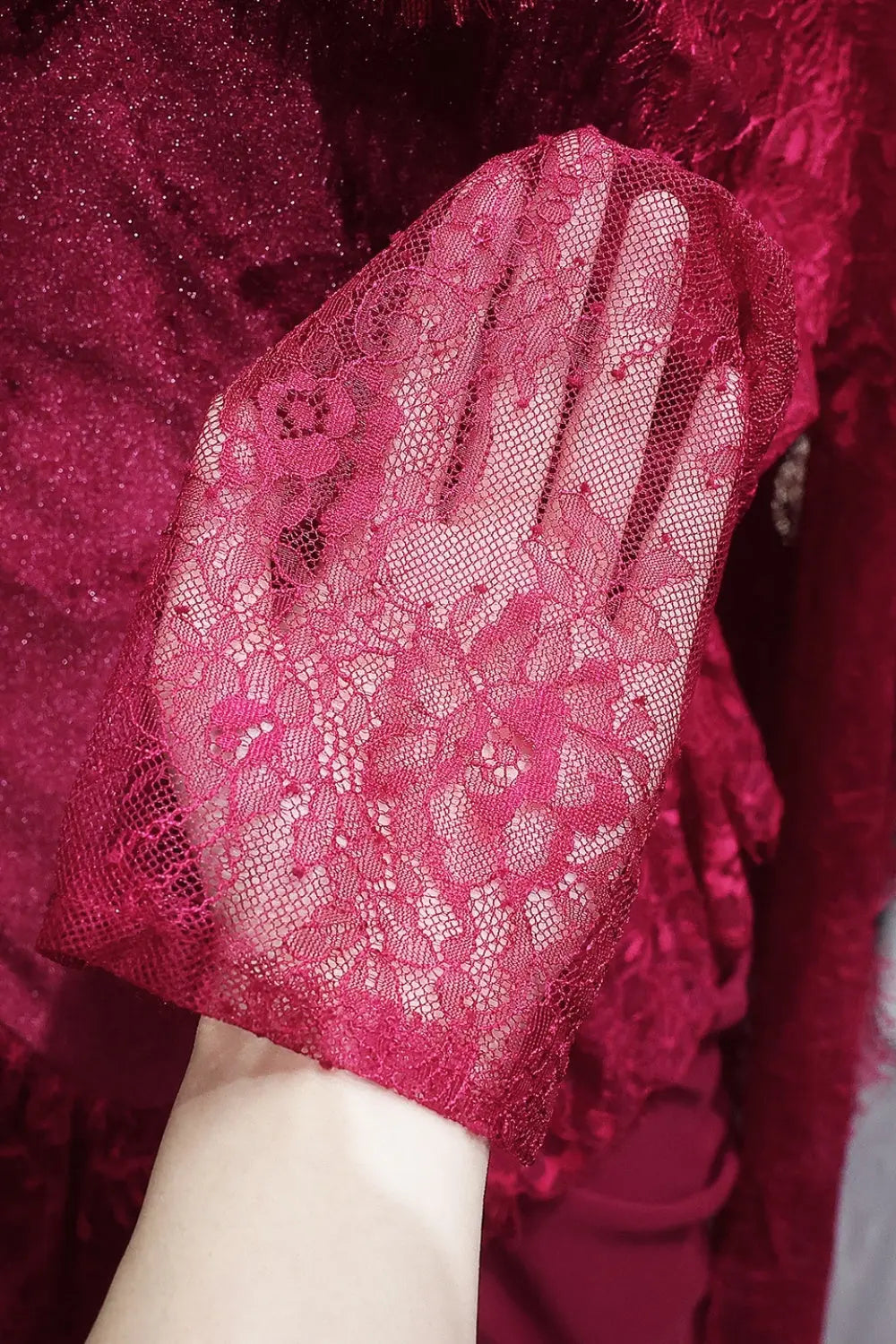 Burgundy Lace Sheath High Neck Long Sleeve Evening Dress SF462 Sheer Fairy