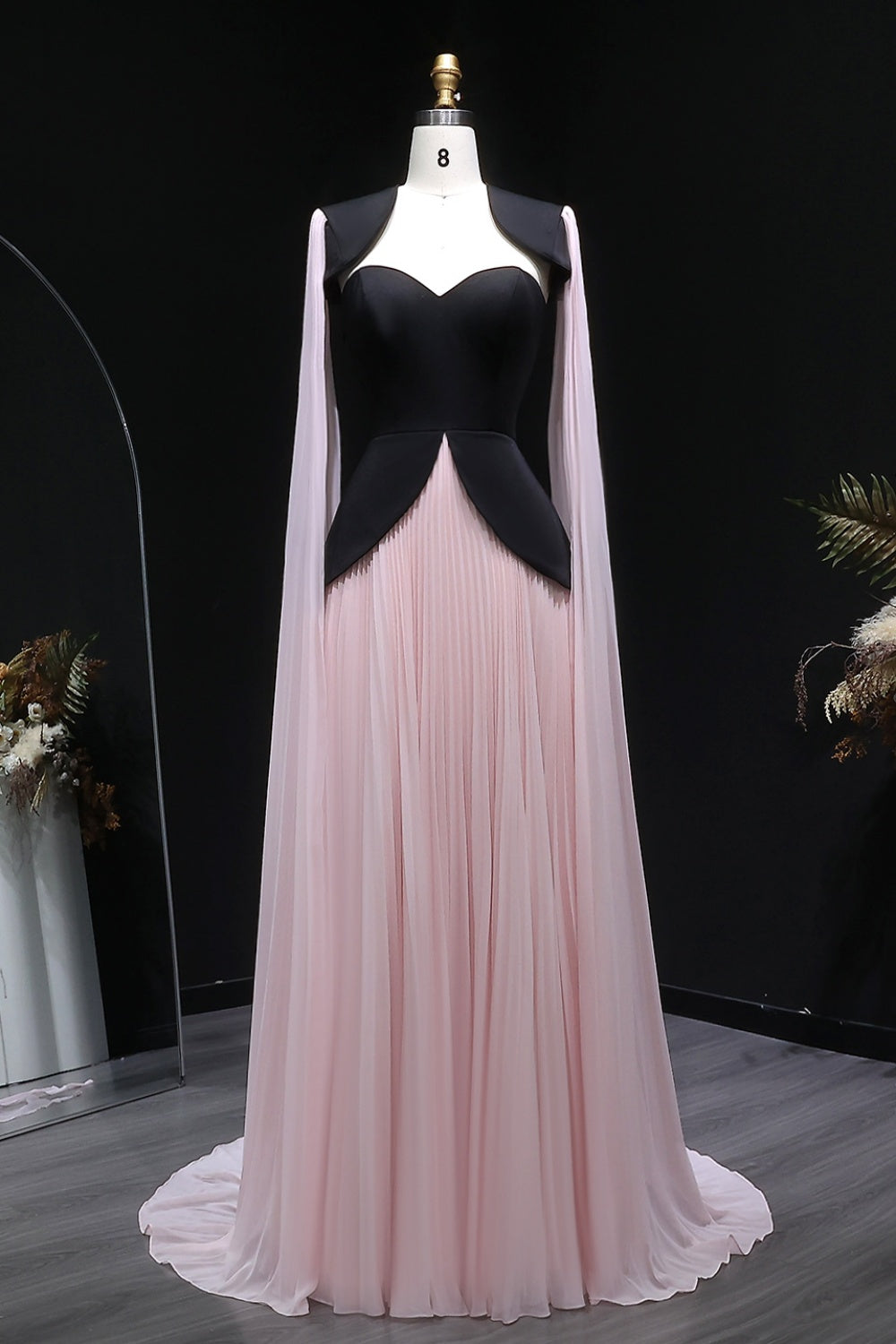 Black & Blush Color-Block Satin Chiffon A-Line Evening Dress SF590 Sheer Fairy