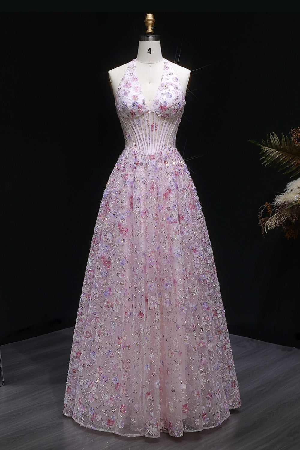 Pink Floral 3D Appliqué Halter Corset A-Line Prom Dress SH051 Sheer Fairy