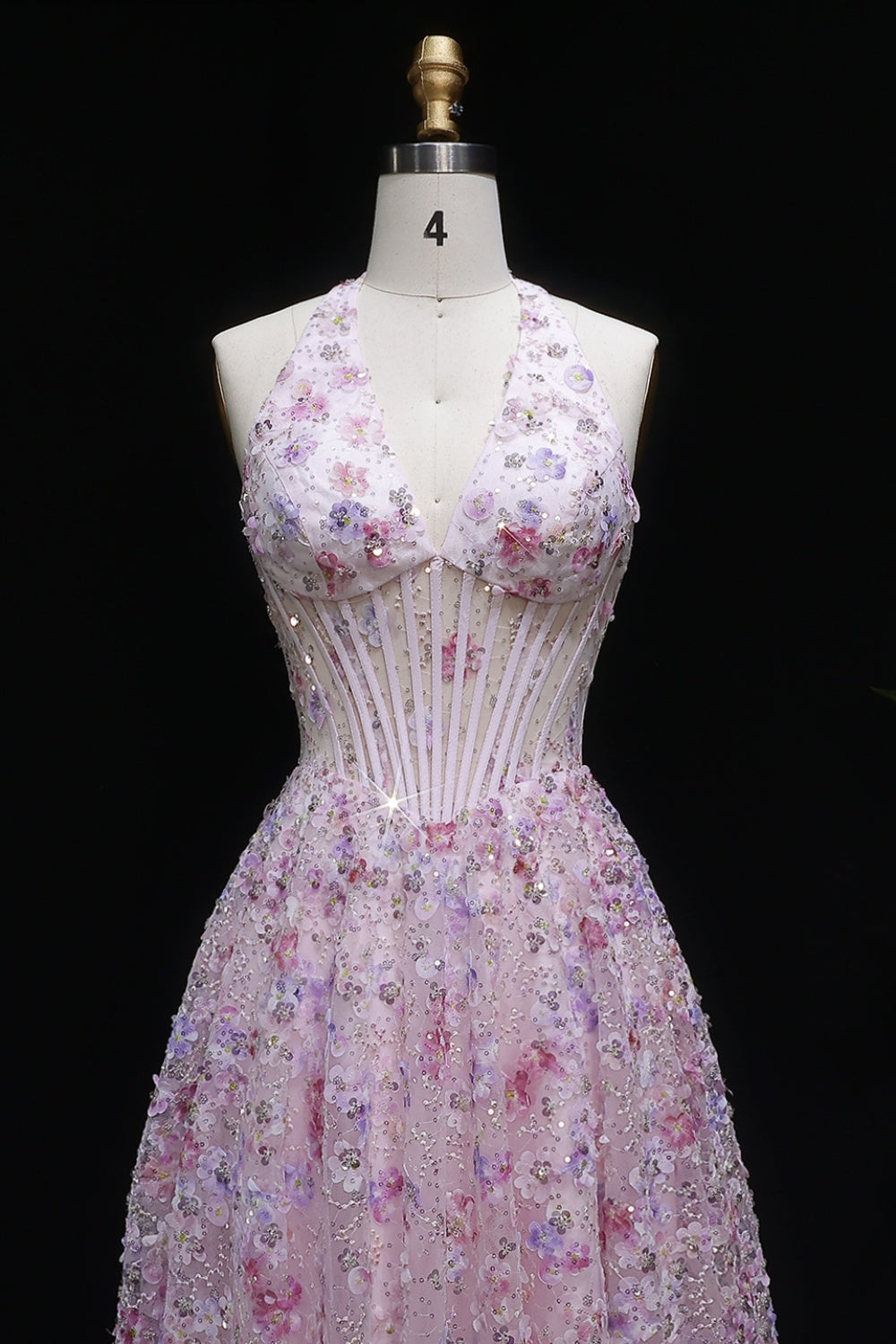 Pink Floral 3D Appliqué Halter Corset A-Line Prom Dress SH051 Sheer Fairy