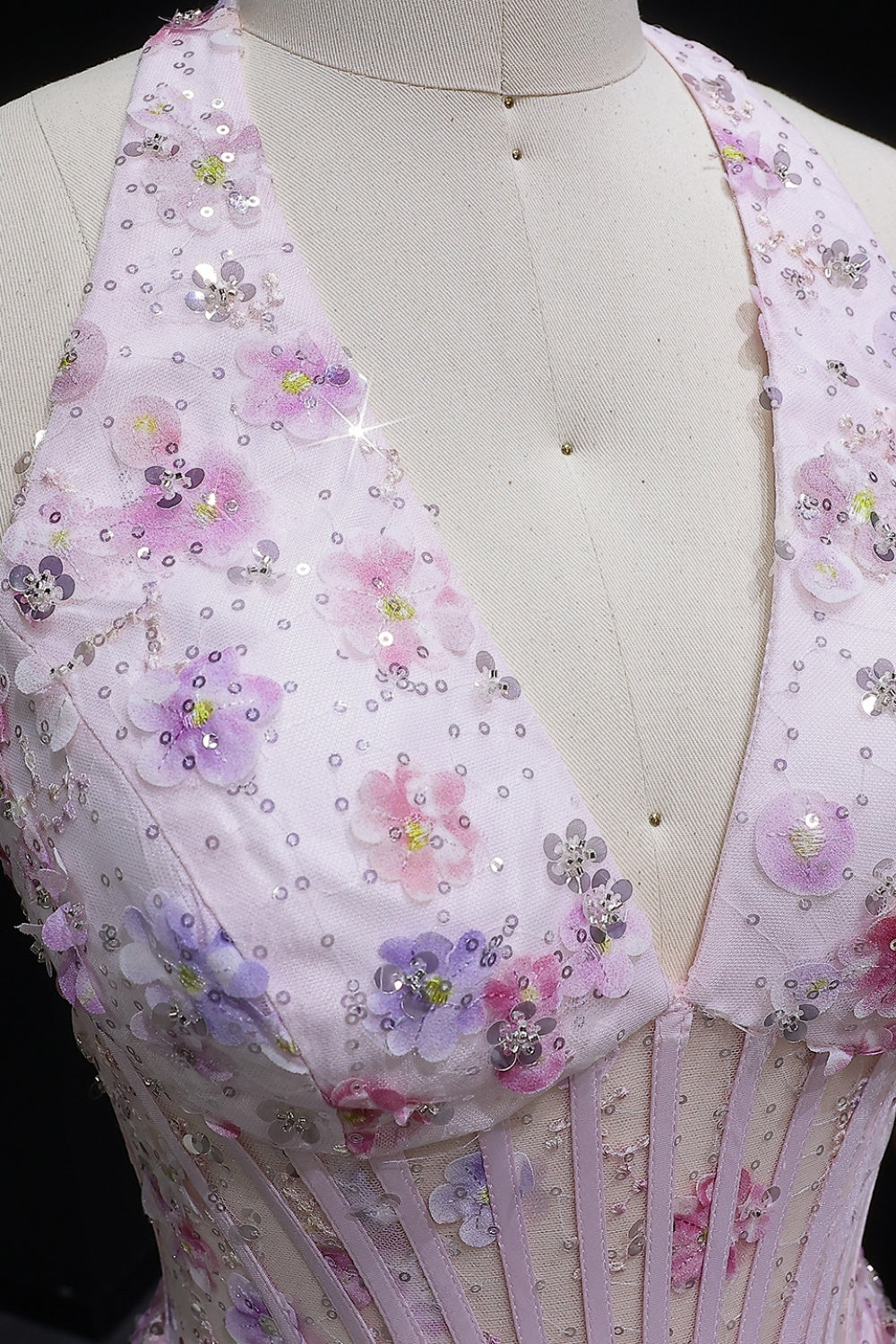 Pink Floral 3D Appliqué Halter Corset A-Line Prom Dress SH051 Sheer Fairy