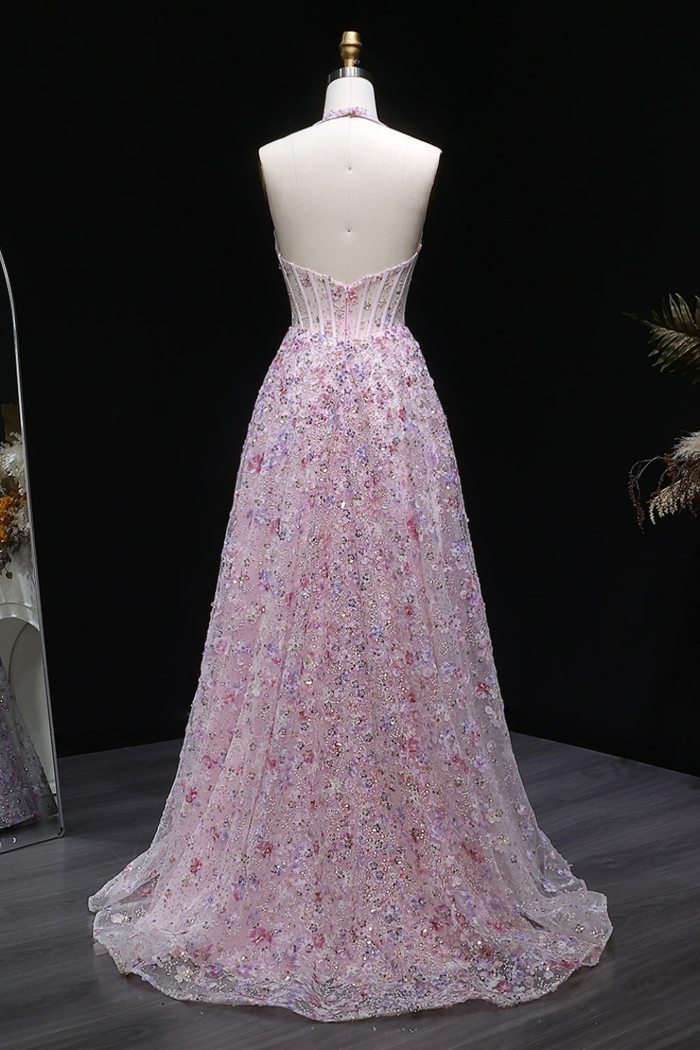 Pink Floral 3D Appliqué Halter Corset A-Line Prom Dress SH051 Sheer Fairy