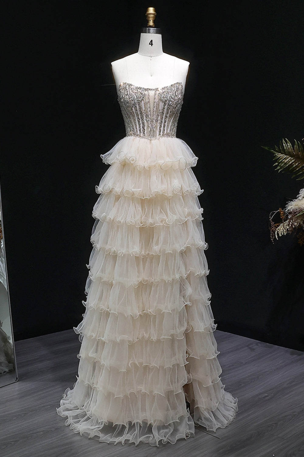 Champagne Beaded Strapless Corset Beige Prom Dress SH052 Sheer Fairy